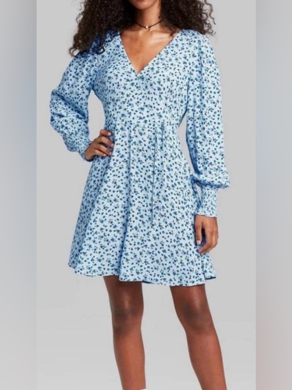 Light Blue Long Sleeve Floral Dress